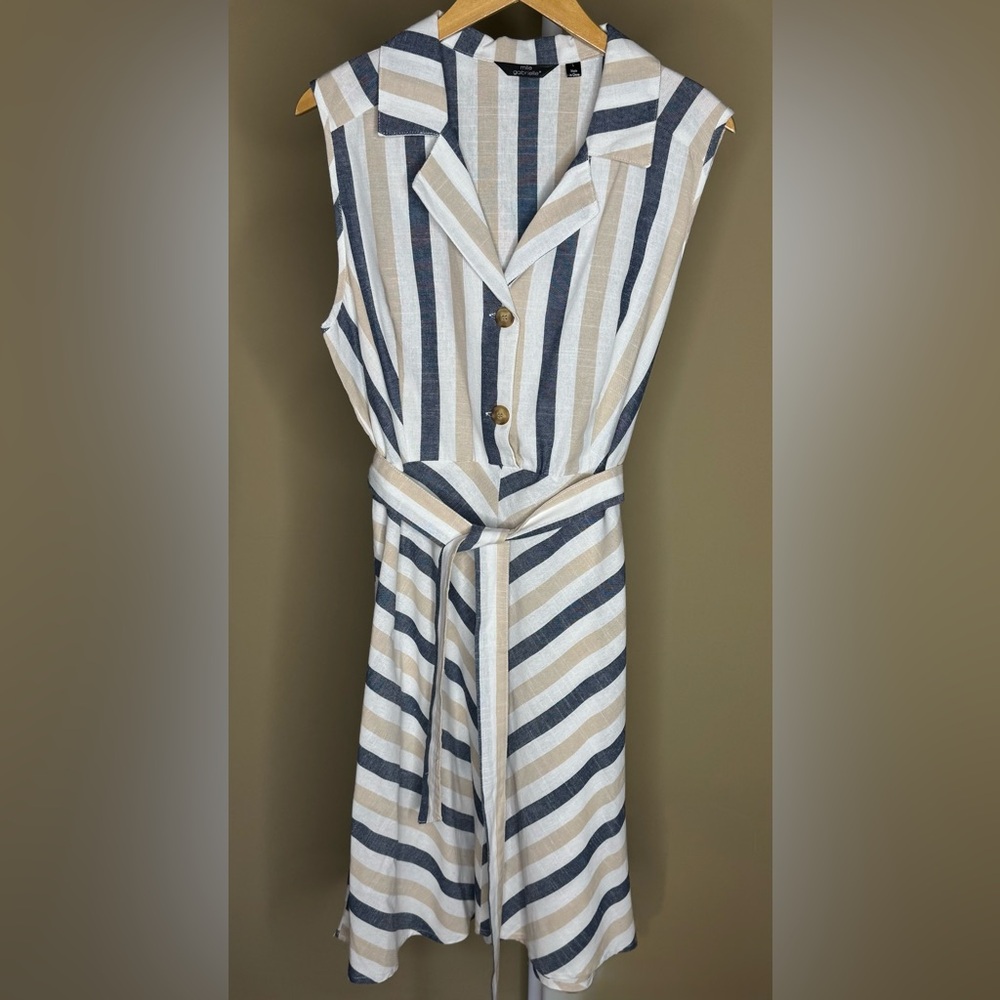 Mlle Gabrielle Blue and Tan Striped Midi Dress